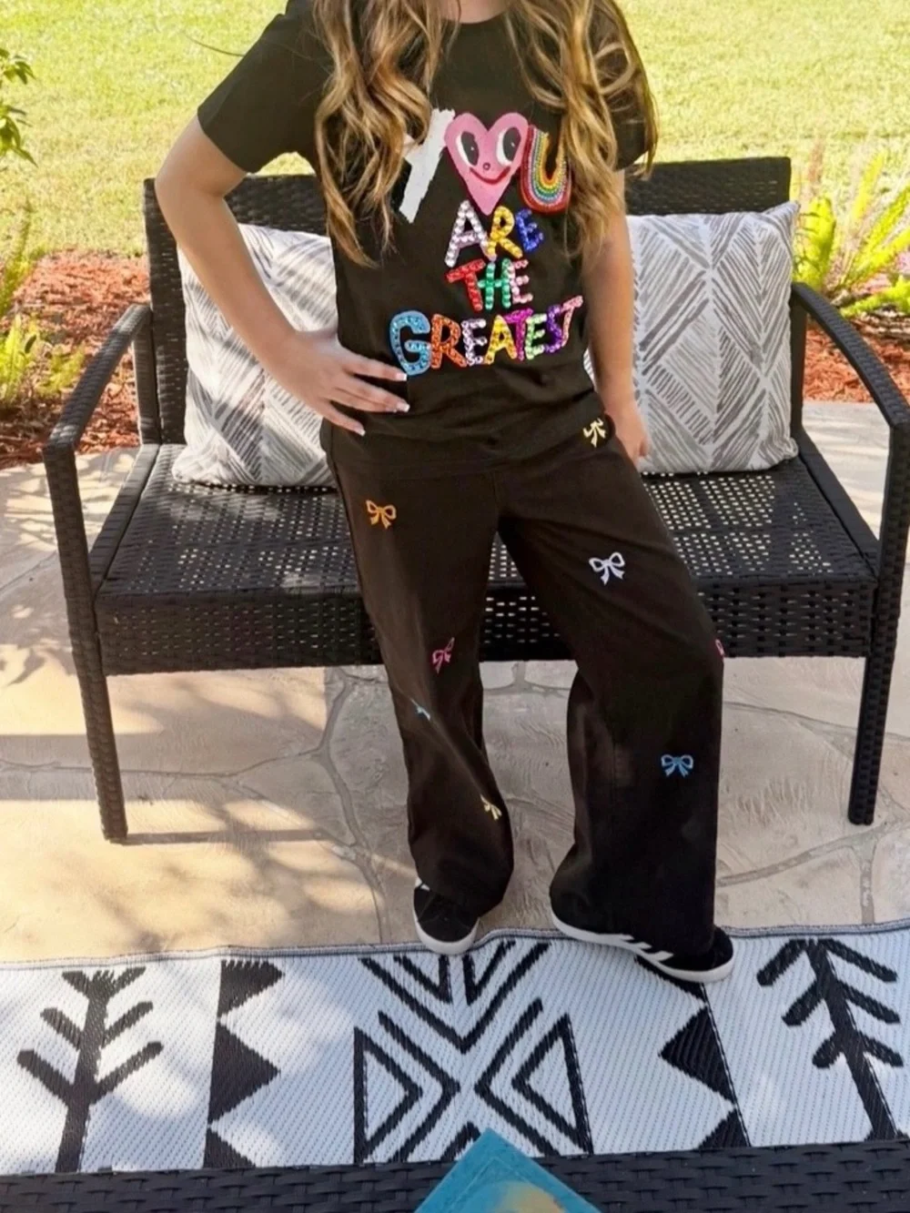 Black Jeans with Multicolor Bow size Girl's 10 - matches everything!